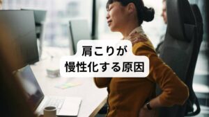 肩こりが慢性化する背景には、以下のような複合的な要因があります：

長時間の同じ姿勢：デスクワークやスマホ操作で筋肉が硬直
姿勢のクセ：猫背・巻き肩・頭が前に出る姿勢が慢性化
ストレス：交感神経が優位になり、筋肉が緊張し続ける
自律神経の乱れ：血流が悪化し、筋肉が酸欠状態に
筋膜の癒着：筋肉の滑走性が失われ、こりが慢性化

これらが絡み合うことで、肩こりは「重だるい」から「吐き気や頭痛を伴う酷い状態」へと進行します。市販薬ではこの“構造的な問題”に届かないため、根本改善が難しいのです。