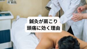 鍼灸は、肩こりからくる頭痛に対して以下のような効果を発揮します：

筋肉の緊張を緩める：鍼が深層筋に届き、こわばりを直接緩和
血流を改善する：ツボ刺激により局所の血行が促進され、酸素供給が回復
自律神経を整える：交感神経優位の状態を副交感神経優位に切り替え、リラックス効果
鎮痛物質の分泌促進：脳内でエンドルフィンやセロトニンが分泌され、痛みを感じにくくする

特に有効なツボには、**風池（ふうち）・肩井（けんせい）・天柱（てんちゅう）・百会（ひゃくえ）・合谷（ごうこく）**などがあります。