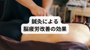 鍼灸は東洋医学の代表的な治療法であり、脳疲労改善に高い効果が期待できます。

ツボ刺激による血流改善：頭部や首肩の血流を促進し、脳への酸素供給を高める。
自律神経の調整：交感神経と副交感神経のバランスを整え、脳の緊張を緩和。
ストレス軽減：施術によるリラックス効果で精神的安定を促す。
睡眠の質向上：鍼灸によって深い眠りが得られ、脳の回復力が高まる。

鍼灸は「脳疲労の回復」を自然な形でサポートする有力な方法です。