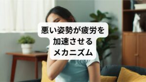 「デスクワークの姿勢」が乱れると、疲労はさらに蓄積します。背中が丸まる猫背姿勢や、首が前に突き出るストレートネックは、筋膜や関節に過剰な負担をかけます。結果として、血流が滞り、酸素や栄養が十分に届かず、疲労物質が蓄積します。姿勢の乱れは単なる見た目の問題ではなく、慢性的な疲労の大きな原因なのです。