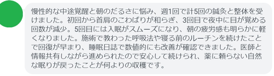 慢性的な中途覚醒と朝のだるさに悩み、週1回で計5回の鍼灸と整体を受けました。初回から首肩のこわばりが和らぎ、3回目で夜中に目が覚める回数が減少。5回目には入眠がスムーズになり、朝の疲労感も明らかに軽くなりました。施術で教わった呼吸法や寝る前のルーチンを続けたことで回復が早まり、睡眠日誌で数値的にも改善が確認できました。医師と情報共有しながら進められたので安心して続けられ、薬に頼らない自然な眠りが戻ったことが何よりの収穫です。