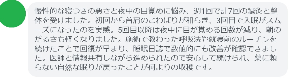 慢性的な寝つきの悪さと夜中の目覚めに悩み、週1回で計7回の鍼灸と整体を受けました。初回から首肩のこわばりが和らぎ、3回目で入眠がスムーズになったのを実感。5回目以降は夜中に目が覚める回数が減り、朝のだるさも軽くなりました。施術で教わった呼吸法や就寝前のルーチンを続けたことで回復が早まり、睡眠日誌で数値的にも改善が確認できました。医師と情報共有しながら進められたので安心して続けられ、薬に頼らない自然な眠りが戻ったことが何よりの収穫です。