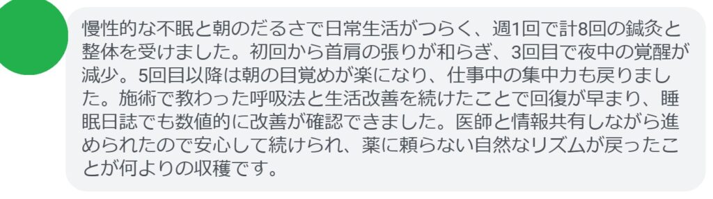 慢性的な不眠と朝のだるさで日常生活がつらく、週1回で計8回の鍼灸と整体を受けました。初回から首肩の張りが和らぎ、3回目で夜中の覚醒が減少。5回目以降は朝の目覚めが楽になり、仕事中の集中力も戻りました。施術で教わった呼吸法と生活改善を続けたことで回復が早まり、睡眠日誌でも数値的に改善が確認できました。医師と情報共有しながら進められたので安心して続けられ、薬に頼らない自然なリズムが戻ったことが何よりの収穫です。
