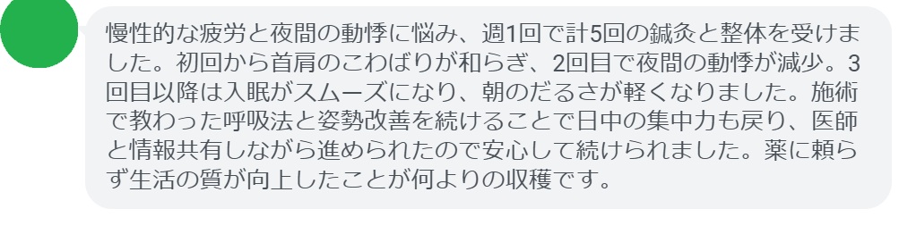 慢性的な疲労と夜間の動悸に悩み、週1回で計5回の鍼灸と整体を受けました。初回から首肩のこわばりが和らぎ、2回目で夜間の動悸が減少。3回目以降は入眠がスムーズになり、朝のだるさが軽くなりました。施術で教わった呼吸法と姿勢改善を続けることで日中の集中力も戻り、医師と情報共有しながら進められたので安心して続けられました。薬に頼らず生活の質が向上したことが何よりの収穫です。
