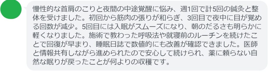 慢性的な首肩のこりと夜間の中途覚醒に悩み、週1回で計5回の鍼灸と整体を受けました。初回から筋肉の張りが和らぎ、3回目で夜中に目が覚める回数が減少。5回目には入眠がスムーズになり、朝のだるさも明らかに軽くなりました。施術で教わった呼吸法や就寝前のルーチンを続けたことで回復が早まり、睡眠日誌で数値的にも改善が確認できました。医師と情報共有しながら進められたので安心して続けられ、薬に頼らない自然な眠りが戻ったことが何よりの収穫です。