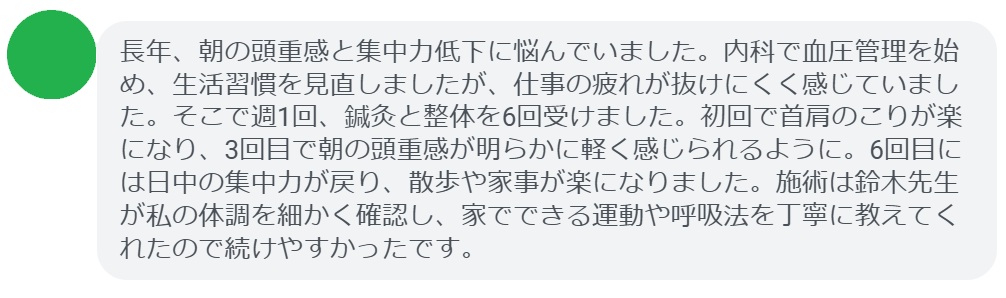 長年、朝の頭重感と集中力低下に悩んでいました。内科で血圧管理を始め、生活習慣を見直しましたが、仕事の疲れが抜けにくく感じていました。そこで週1回、鍼灸と整体を6回受けました。初回で首肩のこりが楽になり、3回目で朝の頭重感が明らかに軽く感じられるように。6回目には日中の集中力が戻り、散歩や家事が楽になりました。施術は鈴木先生が私の体調を細かく確認し、家でできる運動や呼吸法を丁寧に教えてくれたので続けやすかったです。