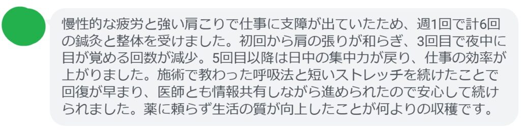 慢性的な疲労と強い肩こりで仕事に支障が出ていたため、週1回で計6回の鍼灸と整体を受けました。初回から肩の張りが和らぎ、3回目で夜中に目が覚める回数が減少。5回目以降は日中の集中力が戻り、仕事の効率が上がりました。施術で教わった呼吸法と短いストレッチを続けたことで回復が早まり、医師とも情報共有しながら進められたので安心して続けられました。薬に頼らず生活の質が向上したことが何よりの収穫です。