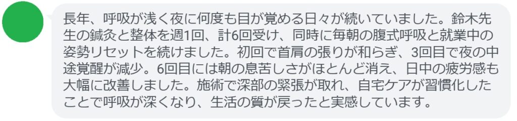 長年、呼吸が浅く夜に何度も目が覚める日々が続いていました。鈴木先生の鍼灸と整体を週1回、計6回受け、同時に毎朝の腹式呼吸と就業中の姿勢リセットを続けました。初回で首肩の張りが和らぎ、3回目で夜の中途覚醒が減少。6回目には朝の息苦しさがほとんど消え、日中の疲労感も大幅に改善しました。施術で深部の緊張が取れ、自宅ケアが習慣化したことで呼吸が深くなり、生活の質が戻ったと実感しています。