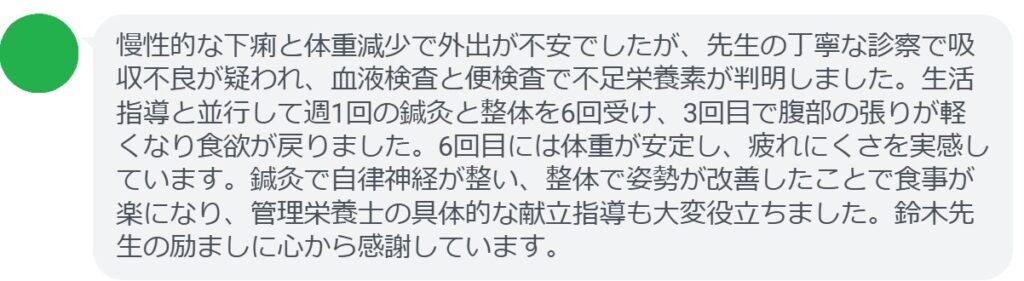 慢性的な下痢と体重減少で外出が不安でしたが、先生の丁寧な診察で吸収不良が疑われ、血液検査と便検査で不足栄養素が判明しました。生活指導と並行して週1回の鍼灸と整体を6回受け、3回目で腹部の張りが軽くなり食欲が戻りました。6回目には体重が安定し、疲れにくさを実感しています。鍼灸で自律神経が整い、整体で姿勢が改善したことで食事が楽になり、管理栄養士の具体的な献立指導も大変役立ちました。鈴木先生の励ましに心から感謝しています。