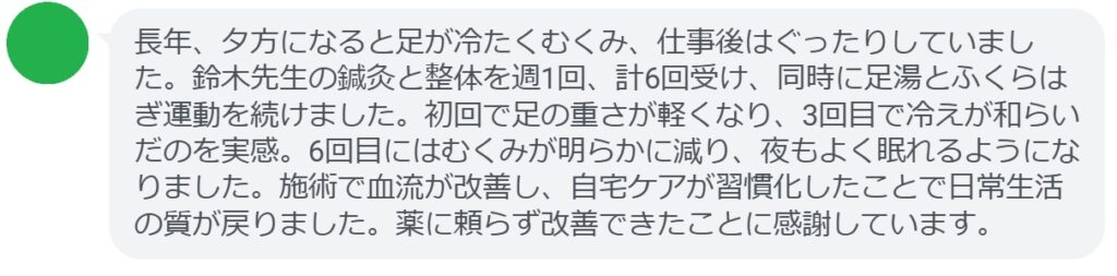 長年、夕方になると足が冷たくむくみ、仕事後はぐったりしていました。鈴木先生の鍼灸と整体を週1回、計6回受け、同時に足湯とふくらはぎ運動を続けました。初回で足の重さが軽くなり、3回目で冷えが和らいだのを実感。6回目にはむくみが明らかに減り、夜もよく眠れるようになりました。施術で血流が改善し、自宅ケアが習慣化したことで日常生活の質が戻りました。薬に頼らず改善できたことに感謝しています。