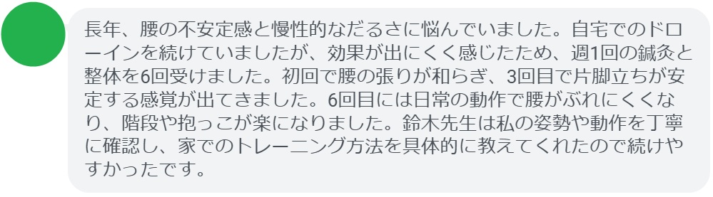 長年、腰の不安定感と慢性的なだるさに悩んでいました。自宅でのドローインを続けていましたが、効果が出にくく感じたため、週1回の鍼灸と整体を6回受けました。初回で腰の張りが和らぎ、3回目で片脚立ちが安定する感覚が出てきました。6回目には日常の動作で腰がぶれにくくなり、階段や抱っこが楽になりました。鈴木先生は私の姿勢や動作を丁寧に確認し、家でのトレーニング方法を具体的に教えてくれたので続けやすかったです。