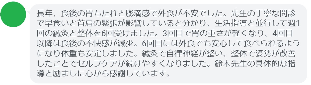 長年、食後の胃もたれと膨満感で外食が不安でした。先生の丁寧な問診で早食いと首肩の緊張が影響していると分かり、生活指導と並行して週1回の鍼灸と整体を6回受けました。3回目で胃の重さが軽くなり、4回目以降は食後の不快感が減少。6回目には外食でも安心して食べられるようになり体重も安定しました。鍼灸で自律神経が整い、整体で姿勢が改善したことでセルフケアが続けやすくなりました。鈴木先生の具体的な指導と励ましに心から感謝しています。