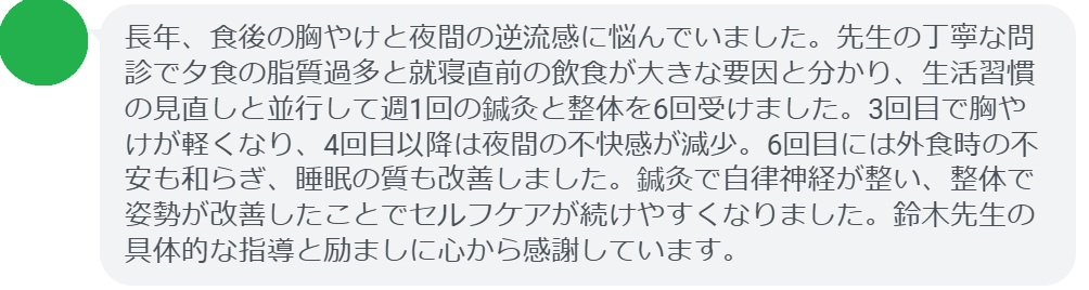 長年、食後の胸やけと夜間の逆流感に悩んでいました。先生の丁寧な問診で夕食の脂質過多と就寝直前の飲食が大きな要因と分かり、生活習慣の見直しと並行して週1回の鍼灸と整体を6回受けました。3回目で胸やけが軽くなり、4回目以降は夜間の不快感が減少。6回目には外食時の不安も和らぎ、睡眠の質も改善しました。鍼灸で自律神経が整い、整体で姿勢が改善したことでセルフケアが続けやすくなりました。鈴木先生の具体的な指導と励ましに心から感謝しています。