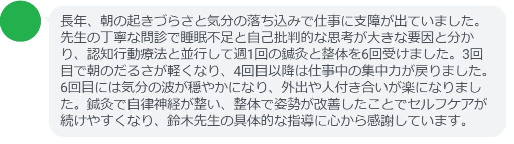 長年、朝の起きづらさと気分の落ち込みで仕事に支障が出ていました。先生の丁寧な問診で睡眠不足と自己批判的な思考が大きな要因と分かり、認知行動療法と並行して週1回の鍼灸と整体を6回受けました。3回目で朝のだるさが軽くなり、4回目以降は仕事中の集中力が戻りました。6回目には気分の波が穏やかになり、外出や人付き合いが楽になりました。鍼灸で自律神経が整い、整体で姿勢が改善したことでセルフケアが続けやすくなり、鈴木先生の具体的な指導に心から感謝しています。