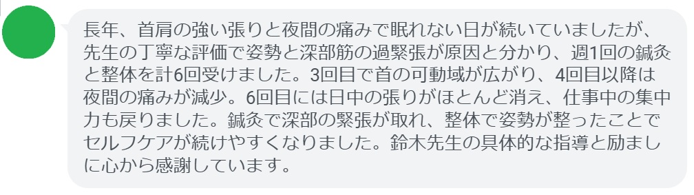 長年、首肩の強い張りと夜間の痛みで眠れない日が続いていましたが、先生の丁寧な評価で姿勢と深部筋の過緊張が原因と分かり、週1回の鍼灸と整体を計6回受けました。3回目で首の可動域が広がり、4回目以降は夜間の痛みが減少。6回目には日中の張りがほとんど消え、仕事中の集中力も戻りました。鍼灸で深部の緊張が取れ、整体で姿勢が整ったことでセルフケアが続けやすくなりました。鈴木先生の具体的な指導と励ましに心から感謝しています。