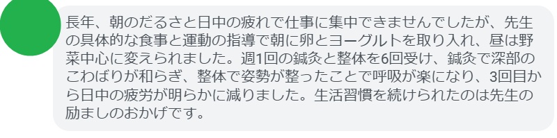 長年、朝のだるさと日中の疲れで仕事に集中できませんでしたが、先生の具体的な食事と運動の指導で朝に卵とヨーグルトを取り入れ、昼は野菜中心に変えられました。週1回の鍼灸と整体を6回受け、鍼灸で深部のこわばりが和らぎ、整体で姿勢が整ったことで呼吸が楽になり、3回目から日中の疲労が明らかに減りました。生活習慣を続けられたのは先生の励ましのおかげです。