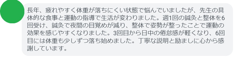 長年、疲れやすく体重が落ちにくい状態で悩んでいましたが、先生の具体的な食事と運動の指導で生活が変わりました。週1回の鍼灸と整体を6回受け、鍼灸で夜間の目覚めが減り、整体で姿勢が整ったことで運動の効果を感じやすくなりました。3回目から日中の倦怠感が軽くなり、6回目には体重も少しずつ落ち始めました。丁寧な説明と励ましに心から感謝しています。