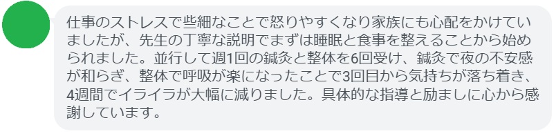 仕事のストレスで些細なことで怒りやすくなり家族にも心配をかけていましたが、先生の丁寧な説明でまずは睡眠と食事を整えることから始められました。並行して週1回の鍼灸と整体を6回受け、鍼灸で夜の不安感が和らぎ、整体で呼吸が楽になったことで3回目から気持ちが落ち着き、4週間でイライラが大幅に減りました。具体的な指導と励ましに心から感謝しています。