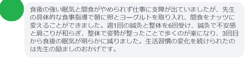 食後の強い眠気と間食がやめられず仕事に支障が出ていましたが、先生の具体的な食事指導で朝に卵とヨーグルトを取り入れ、間食をナッツに変えることができました。週1回の鍼灸と整体を6回受け、鍼灸で不安感と肩こりが和らぎ、整体で姿勢が整ったことで歩くのが楽になり、3回目から食後の眠気が明らかに減りました。生活習慣の変化を続けられたのは先生の励ましのおかげです。