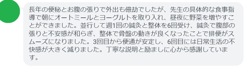 長年の便秘とお腹の張りで外出も億劫でしたが、先生の具体的な食事指導で朝にオートミールとヨーグルトを取り入れ、昼夜に野菜を増やすことができました。並行して週1回の鍼灸と整体を6回受け、鍼灸で腹部の張りと不安感が和らぎ、整体で骨盤の動きが良くなったことで排便がスムーズになりました。3回目から便通が安定し、6回目には日常生活の不快感が大きく減りました。丁寧な説明と励ましに心から感謝しています。
