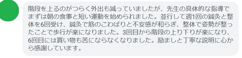 階段を上るのがつらく外出も減っていましたが、先生の具体的な指導でまずは朝の食事と短い運動を始められました。並行して週1回の鍼灸と整体を6回受け、鍼灸で筋のこわばりと不安感が和らぎ、整体で姿勢が整ったことで歩行が楽になりました。3回目から階段の上り下りが楽になり、6回目には買い物も苦にならなくなりました。励ましと丁寧な説明に心から感謝しています。